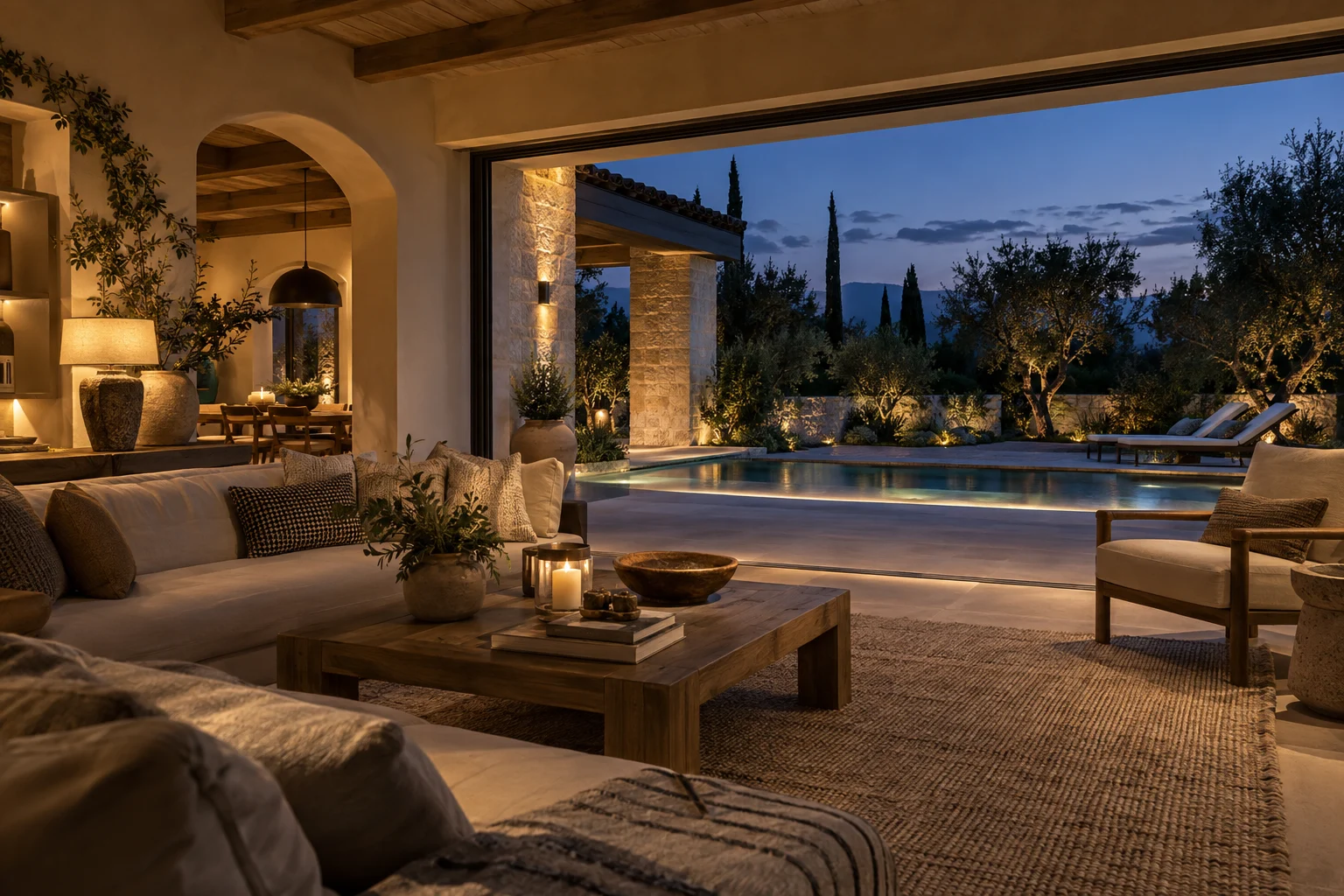 Un hogar mediterráneo cálido y tranquilo al anochecer