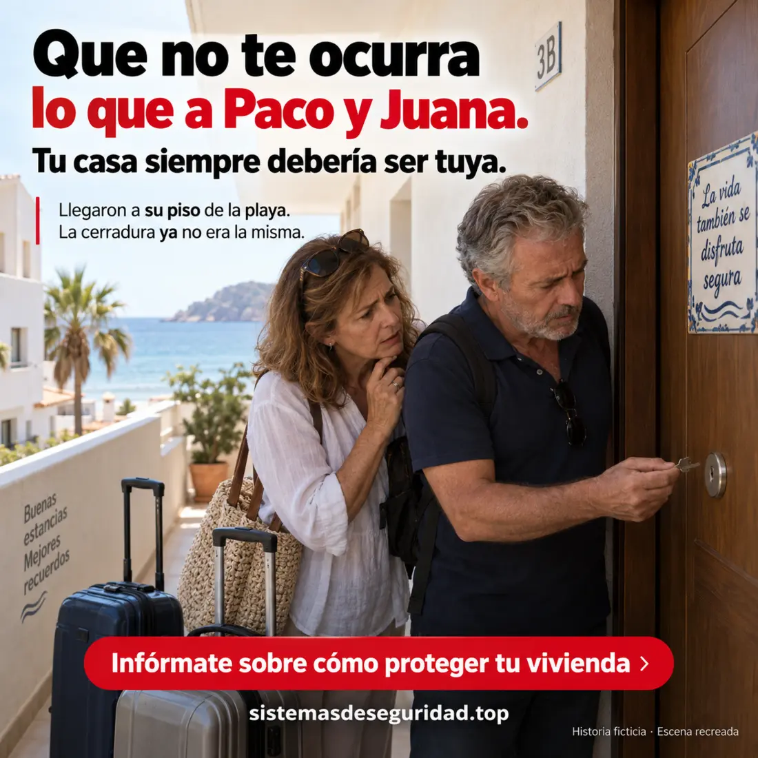 Pareja llegando a su vivienda de la playa y encontrando la cerradura cambiada