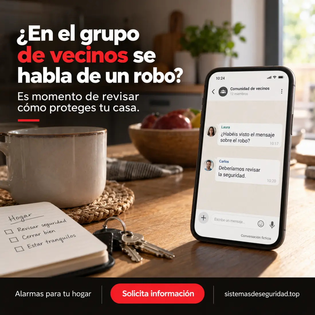 Teléfono con mensajes de vecinos sobre un robo